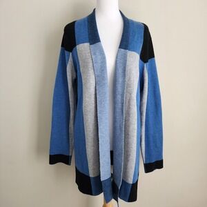 Alison Sheri Colorblock Cardigan Womens Large Knit Blue Grey Black Open Front